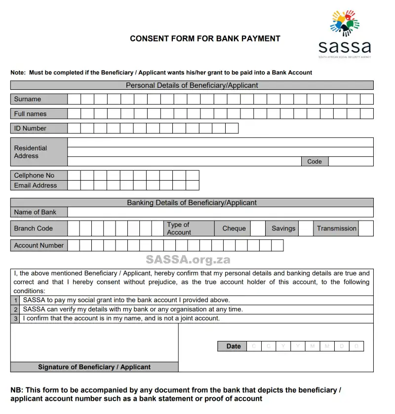 SASSA Consent Form for receiving Grant in Bank Account