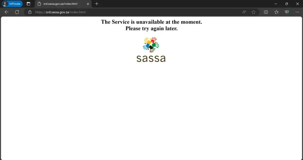 SASSA Website Down showing The Service is unavailable at the moment
